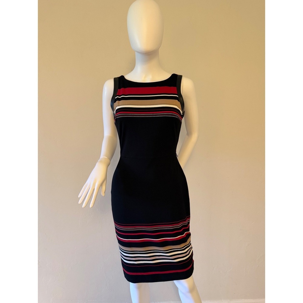 White House Black Market Striped Sheath Dress Faux Leather Trim‎ Red Black 2P